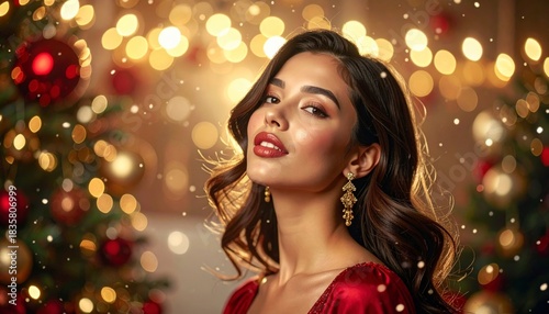 Glamorous Woman Enjoys Festive Winter Evening with Bokeh and Ornaments