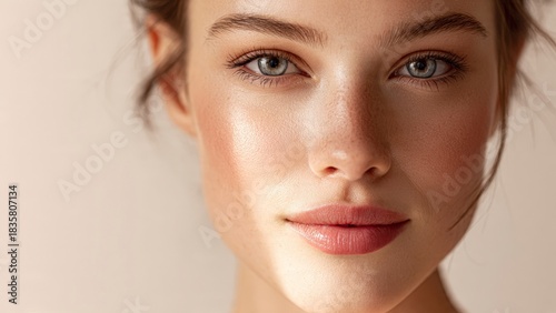 Gorgeous natural beauty with luminous complexion and sparkling blue eyes