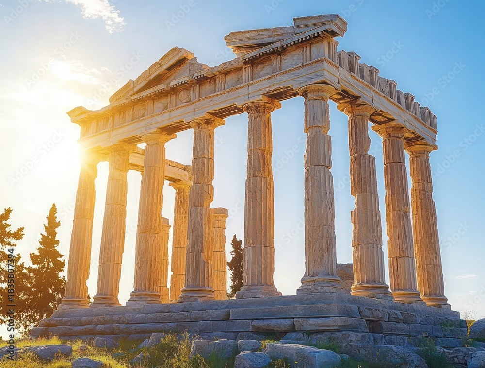 Fototapeta premium Ancient stone temple ruins with tall columns bathed in warm sunlight against a clear blue sky, surrounded by trees and rocky terrain