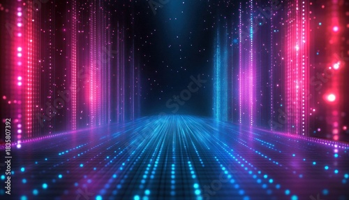 Futuristic digital corridor with glowing vertical and horizontal neon lights in blue and pink hues creating a vibrant immersive atmosphere