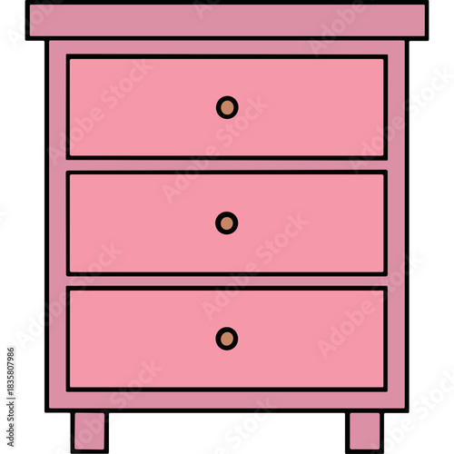 Pink three-drawer nightstand with beige knobs and four legs on a black background detailed cartoon illustration