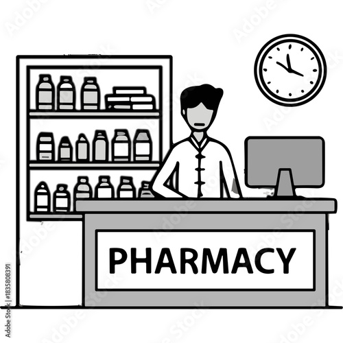 Pharmacist Standing Behind a Counter with Shelves of Medicine Bottles in a Pharmacy with a Clock on the Wall and a Computer Monitor Displaying Information