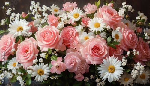 Bouquet of soft pink roses complemented by white daisies and delicate small white blossoms against a dark background, evoking freshness and romance