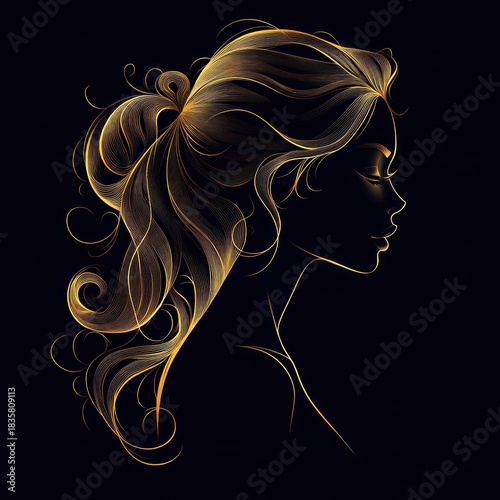 Elegant abstract profile of a woman with flowing, luminous golden hair on a black background conveying grace and serenity