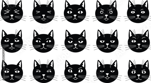Black cat faces set, kitten expression vector icons for avatars, stickers and web