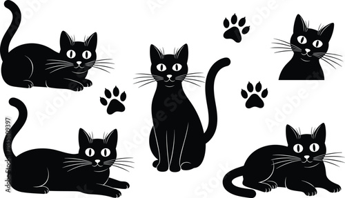 Black cat set with paw prints, kitten vector icons for web, pet shop and decoration