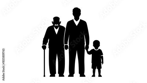 Illustration of four generations of men: great grandfather, grandfather, father, and son.