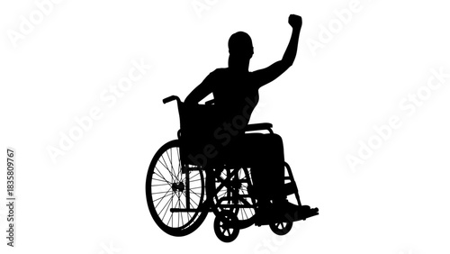Silhouette of a person in a wheelchair with raised fist in the air.