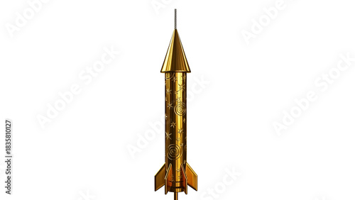 Shiny golden rocket shape firework isolated on white background new year celebration abstract design