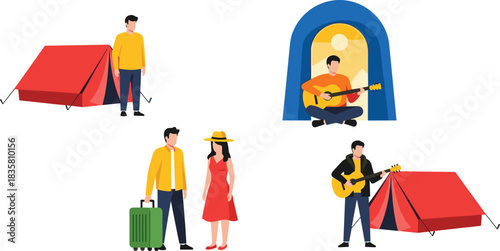 Cartoon camping scenes with tents, travelers, and guitar players — perfect for outdoor adventure, leisure, and travel-themed designs