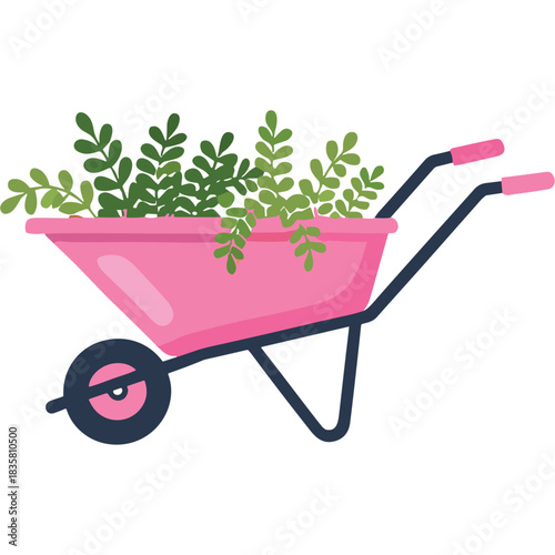 Pink Wheelbarrow Filled with Lush Green Plants and Pink Handles Isolated on a White Background