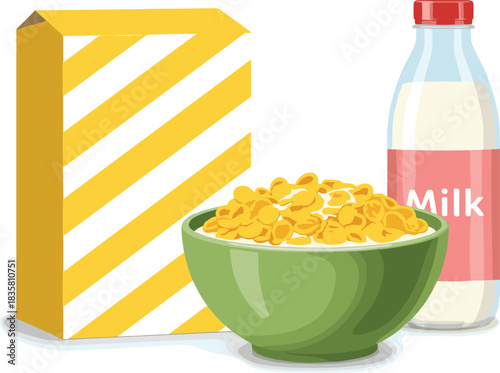 Cartoon-style breakfast setup with cornflakes, milk bottle, and cereal box — colorful food illustration for nutrition and morning themes