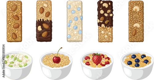 Cartoon-style granola bars and cereal bowls — colorful breakfast and snack illustrations for nutrition, food, and health-themed designs