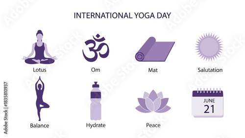 Eight icons related to International Yoga Day displayed in two rows