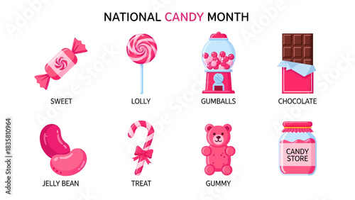Eight illustrations of pink and red candies lolly chocolate and a candy store jar