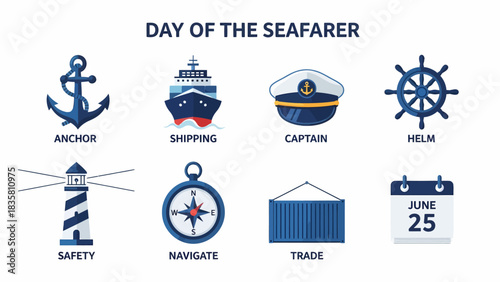 Eight nautical icons illustrating elements related to the Day of the Seafarer