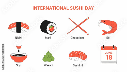 Graphic illustration detailing elements of International Sushi Day on June 18