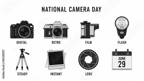Graphic illustration for National Camera Day on June 29th featuring photography elements