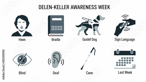 Graphic showing icons for Helen Keller Awareness Week Heen Braille Guide Dog Sign Language Blind Deaf Cane Calendar