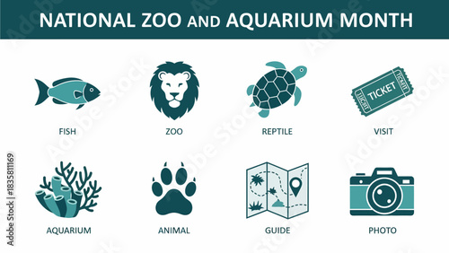 Icons representing National Zoo and Aquarium Month themes including fish lion turtle ticket coral paw map and camera