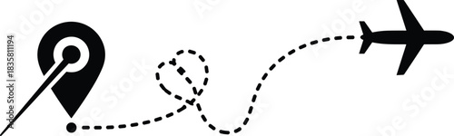 Airplane silhouette flying with heart shaped dashed line path to location pin vector illustration isolated on white background for travel