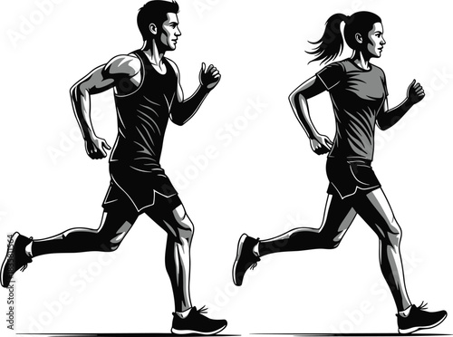 Athletic man and woman running side by side vector illustration isolated on white background for marathon sport and fitness training