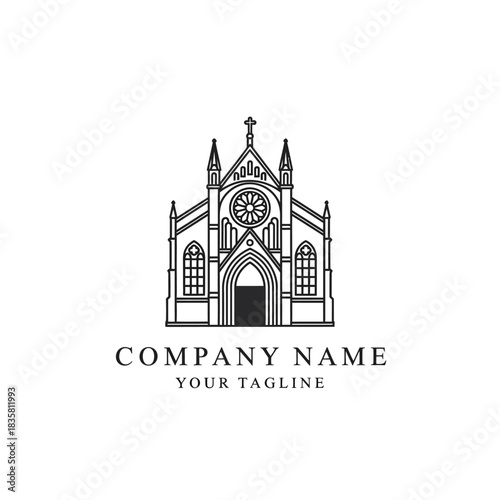Elegant Gothic Church Building Line Art Logo Design.