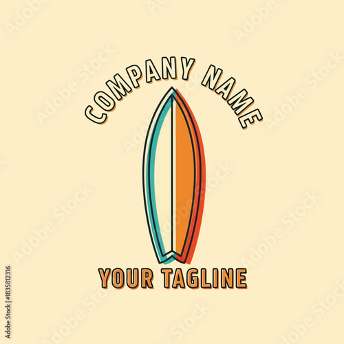 Retro surfboard logo design with a colorful 3D anaglyph effect.