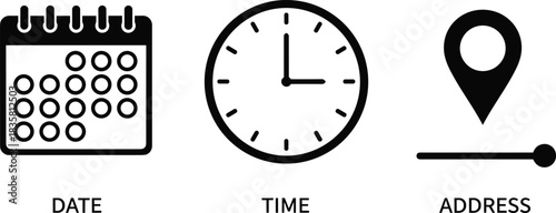 Black and white vector icon set showing date calendar time clock and address location pin isolated on white background
