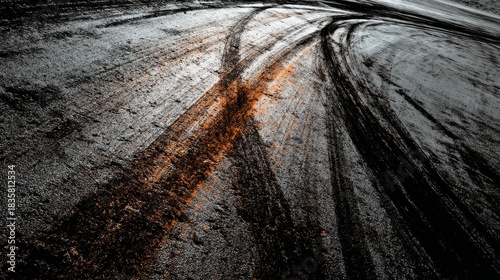 a scene of a car on a muddy road after rainfall has left tracks behind it