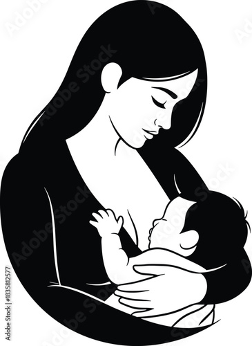Black and white vector illustration of a loving mother breastfeeding her newborn baby isolated on a white background for maternity design