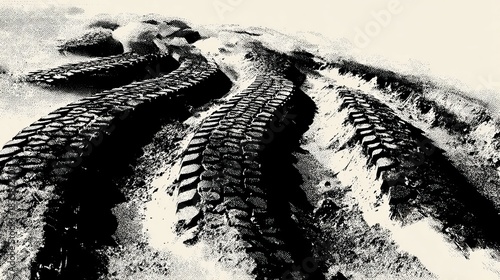 an overlaid black and white photograph of tire tracks on sand against a blurred background