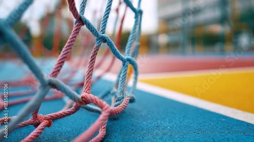 a close up view of a red and white rope tennis net against a blurred background that appears to be an indoor sports court. the net is in the foreground, occupying a central position in the frame