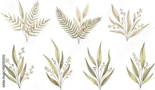 Watercolor botanical illustrations of stylized leaves and plants — soft nature-themed elements for stationery, invitations, and design projects