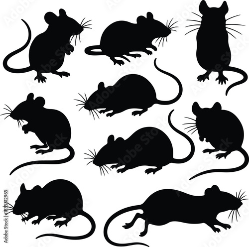 Nine black mouse silhouettes in various poses on white background mice rodent vector illustration EPS file download.
