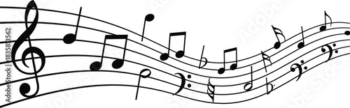 Black and white musical notes flowing on a wavy staff with treble clef vector illustration isolated on white background for design