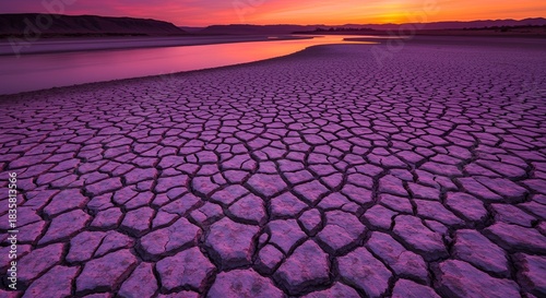 Vivid sunset bathes cracked earth and tranquil river in shades of pink and purple landscape