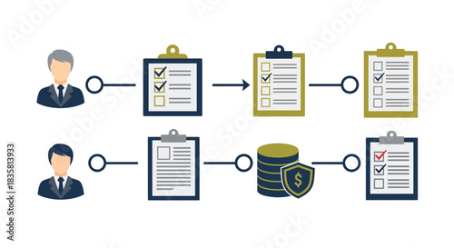Streamlined workflow illustration showing business processes, money protection, and security compliance checks for project management success in visual form
