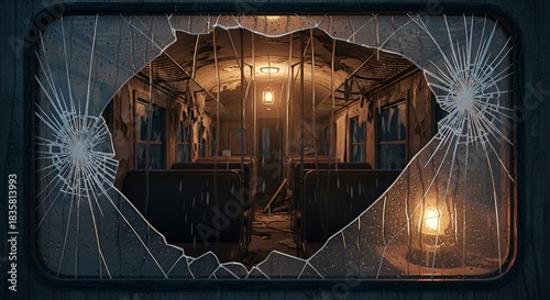A view through a shattered window into a decaying train car illuminated by a lone lantern.