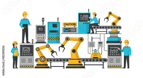Visualize advanced automation with robotic arms and operators in a smart factory, showing precision, efficiency, and the future of modern manufacturing