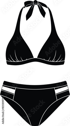 Black silhouette vector illustration of women's bikini swimwear set isolated on white background for summer beach fashion design