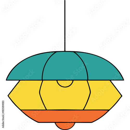 Retro Pendant Light Fixture With Teal Yellow And Orange Hues Hanging From A Black Ceiling Providing Ambient Illumination