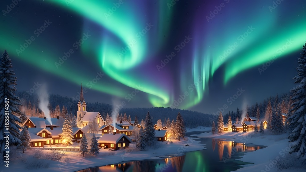 Obraz premium Mesmerizing aurora borealis lights up a peaceful winter village, its vibrant green and purple hues reflecting in the calm river under a starry night sky, creating a magical natural spectacle