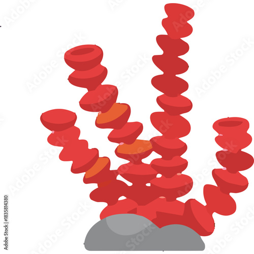 Red branching coral reef structure growing from a gray rock on black background abstract design 3d rendering