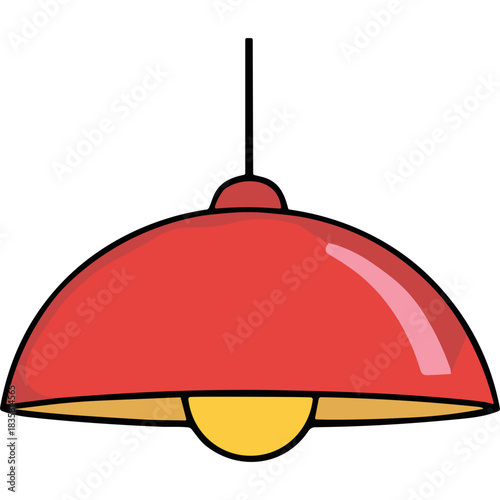 Red Metal Dome Pendant Light Fixture Illuminated with Yellow Bulb and Black Cord Hanging from Ceiling Indoors Isolated on Black Background