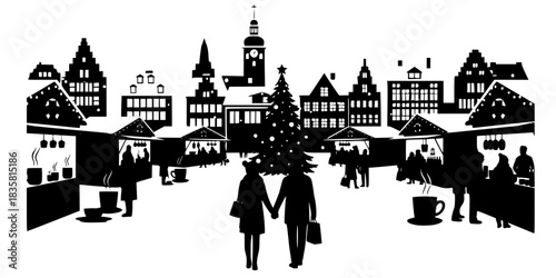 Christmas Market Winter Town Vector Silhouette