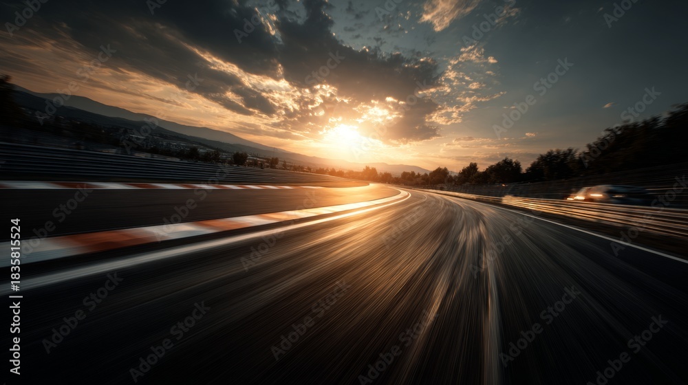Naklejka premium this image captures a serene scene at a race track during what appears to be either sunrise or sunset. the sky is awash with hues of orange, yellow, and blue, casting a soft glow over the landscape
