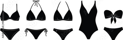 Collection of black women bikini and swimsuit silhouette icons set isolated on white background for summer beach fashion design