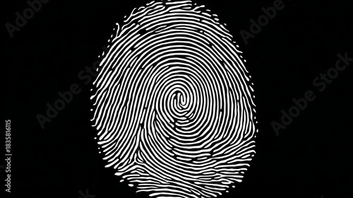 a black and white photo of a fingerprint image with a circular pattern at its center. the fingerprint has intricate lines creating swirls and loops within it