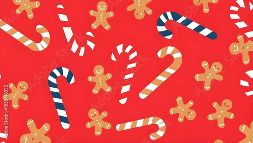 Christmas Candy Cane and Gingerbread Cookie Vector Pattern Background